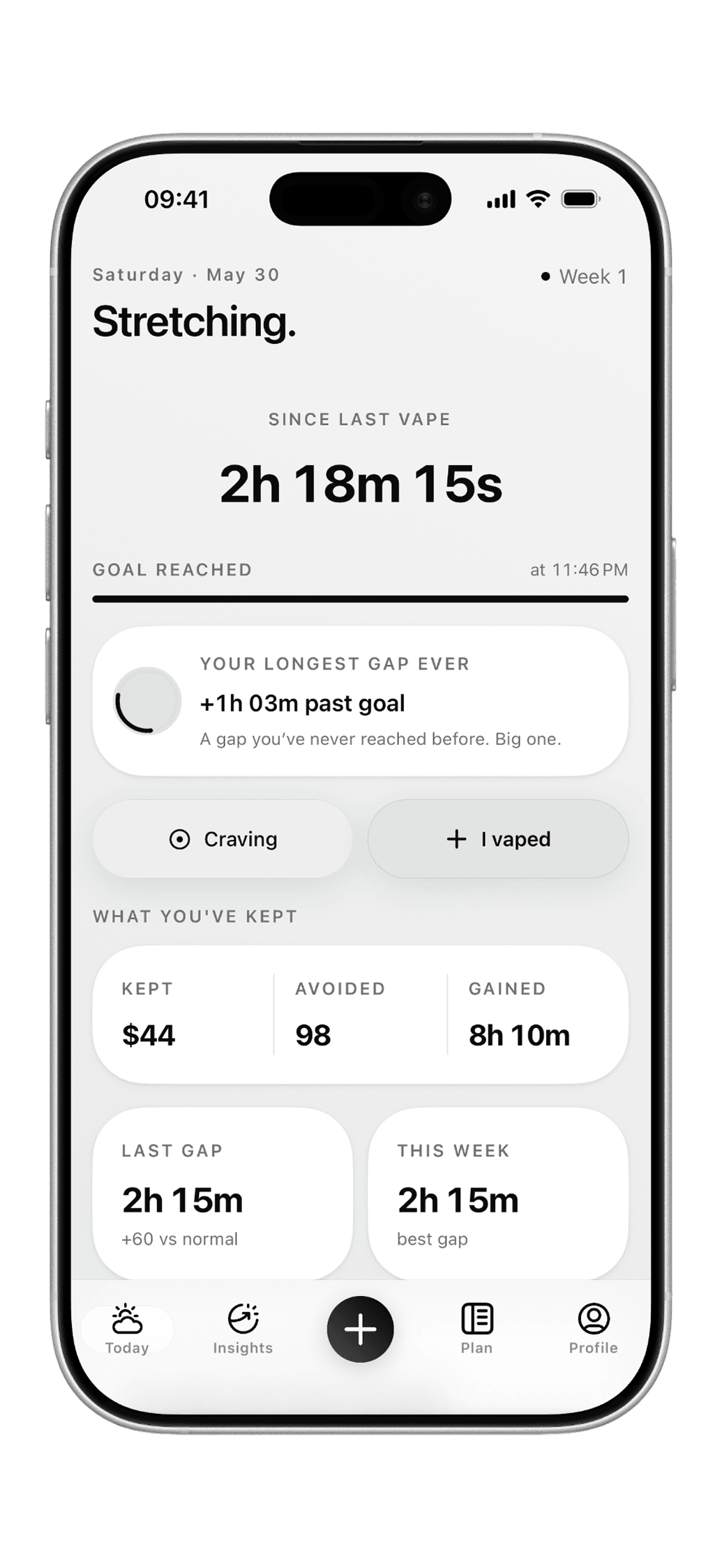 Fumely iPhone app home screen with the live gap timer.