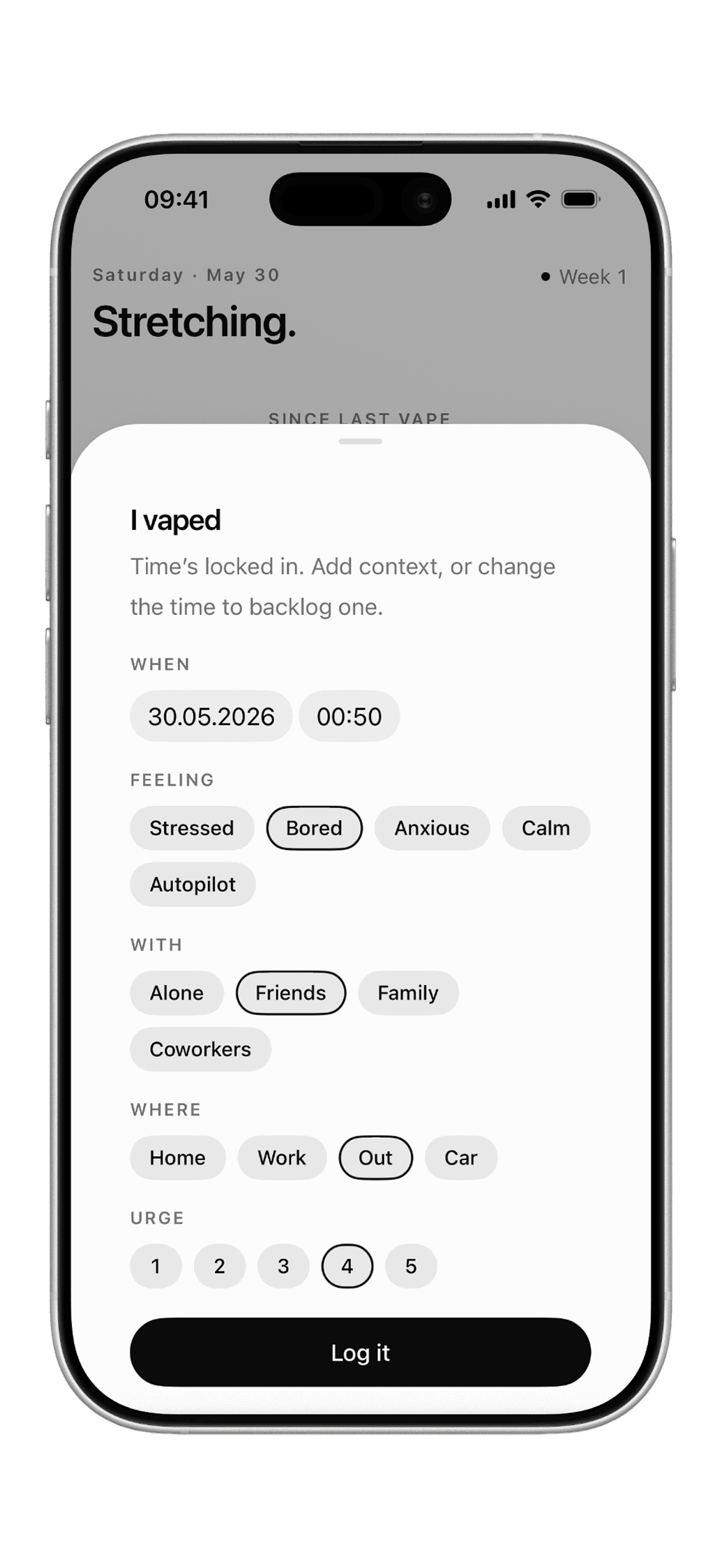 The Fumely log sheet — one tap to record a vape, with optional mood, place and urge tags.