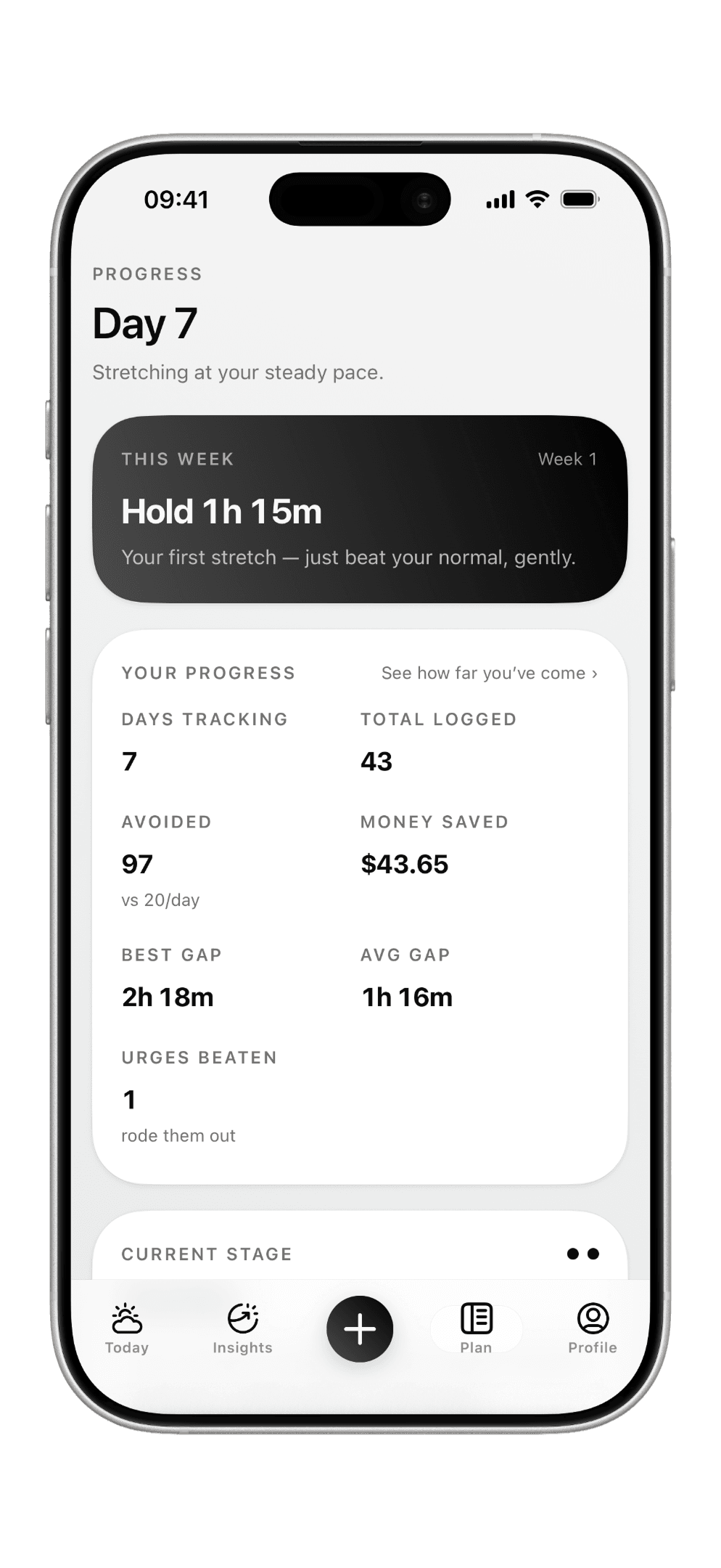 The Fumely progress screen showing your current gap goal and stats as you stretch past your normal.